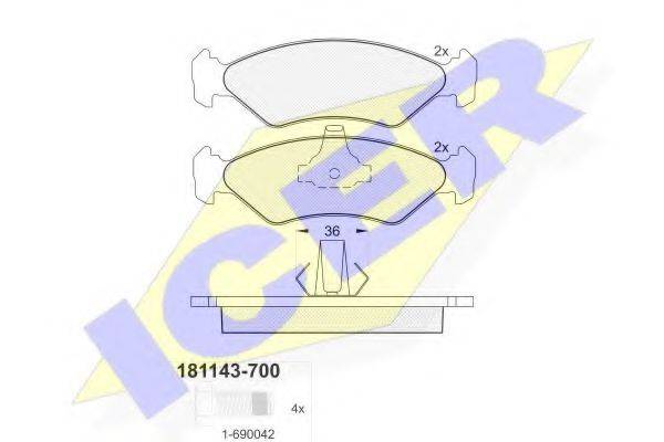 Комплект гальмівних колодок, дискове гальмо ICER 181143-700