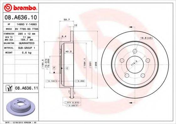 Тормозной диск BREMBO 08.A636.11