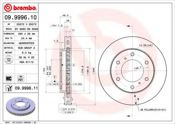 Тормозной диск BREMBO 09.9996.10